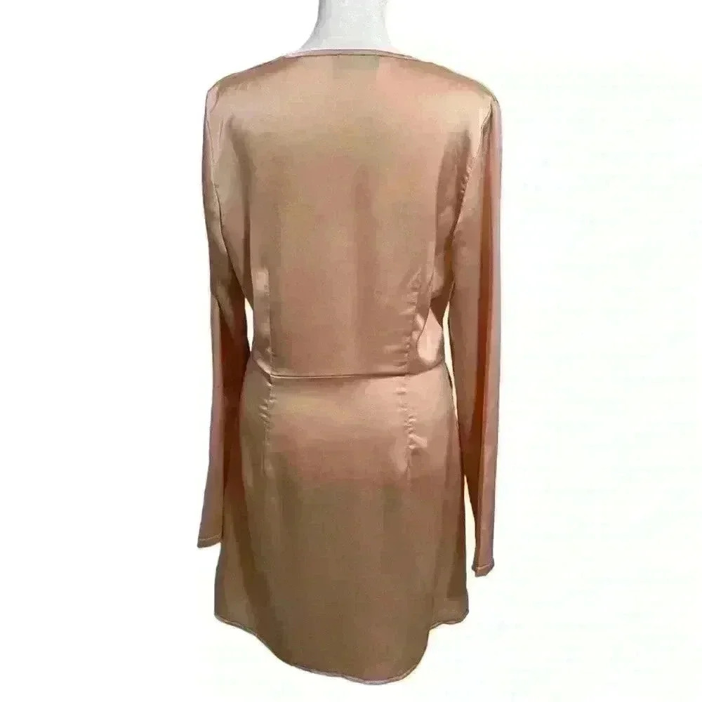 PrettyLittleThing Nude Satin Long Sleeve Wrap Dress - Picture 6 of 13